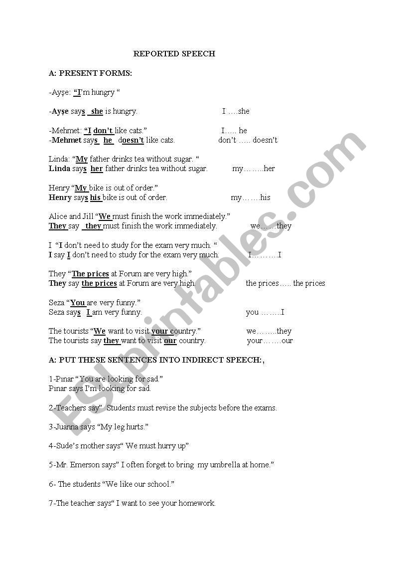 reported speech  worksheet