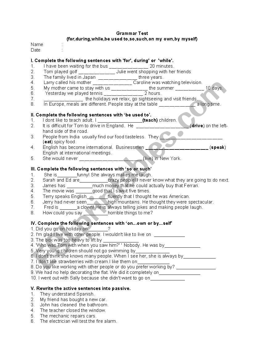 grammar test for intermediate worksheet