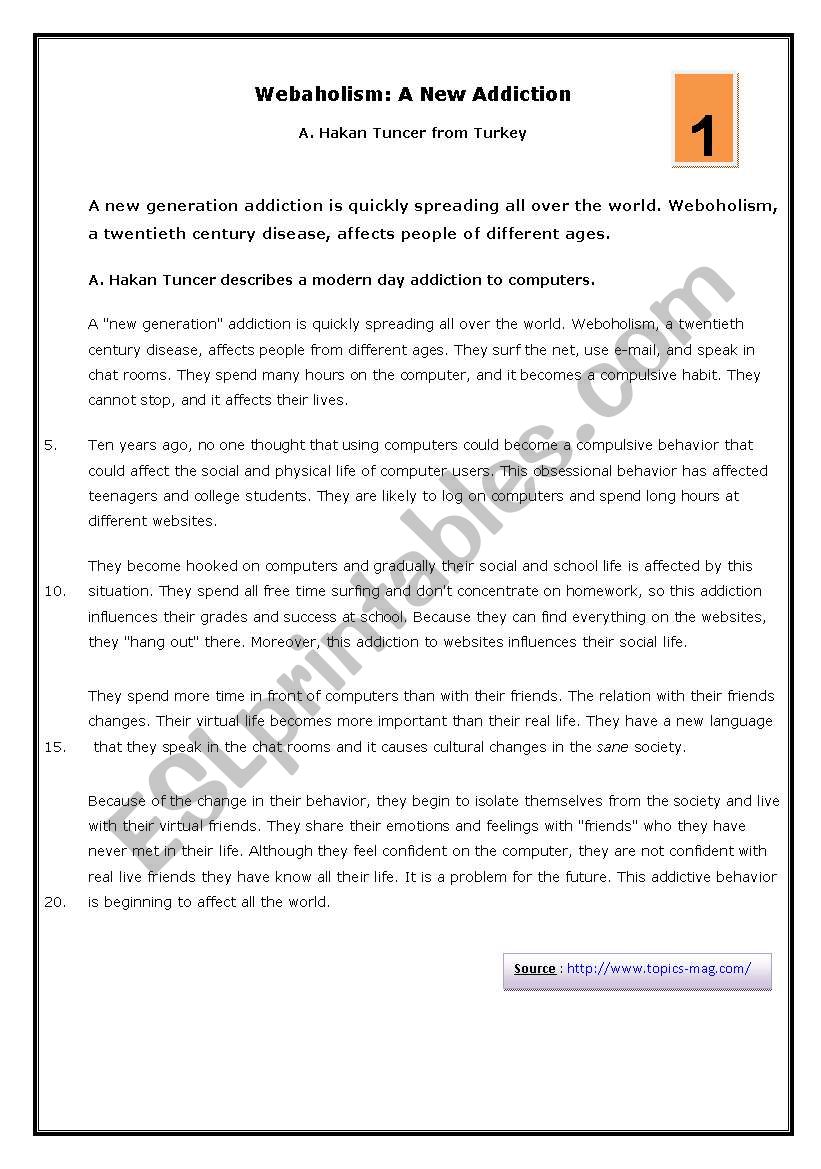 Addictions worksheet