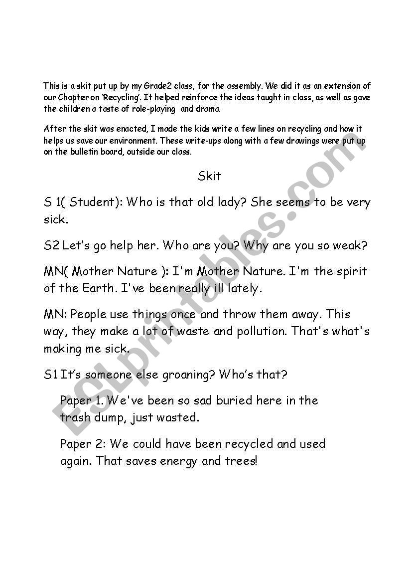 A skit on ´recycling´ - ESL worksheet by raziyarasheed