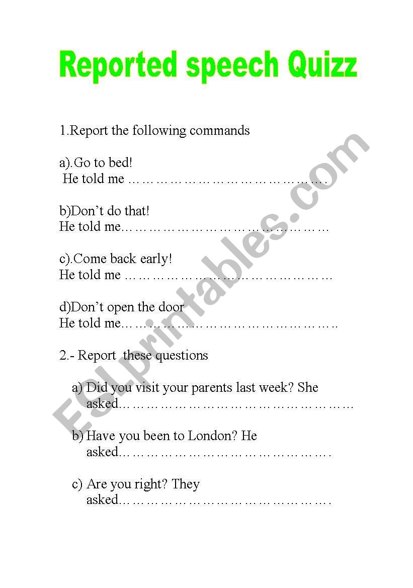 reported speech quizz worksheet
