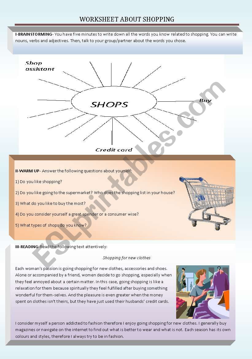 SHOPPING- SPEAKING, READINg AND WRITING ACTIVITIES