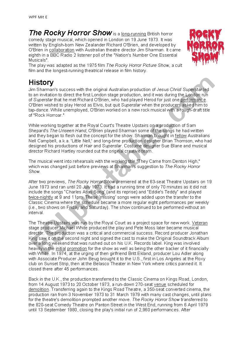 Rocky Horror Picture Show worksheet
