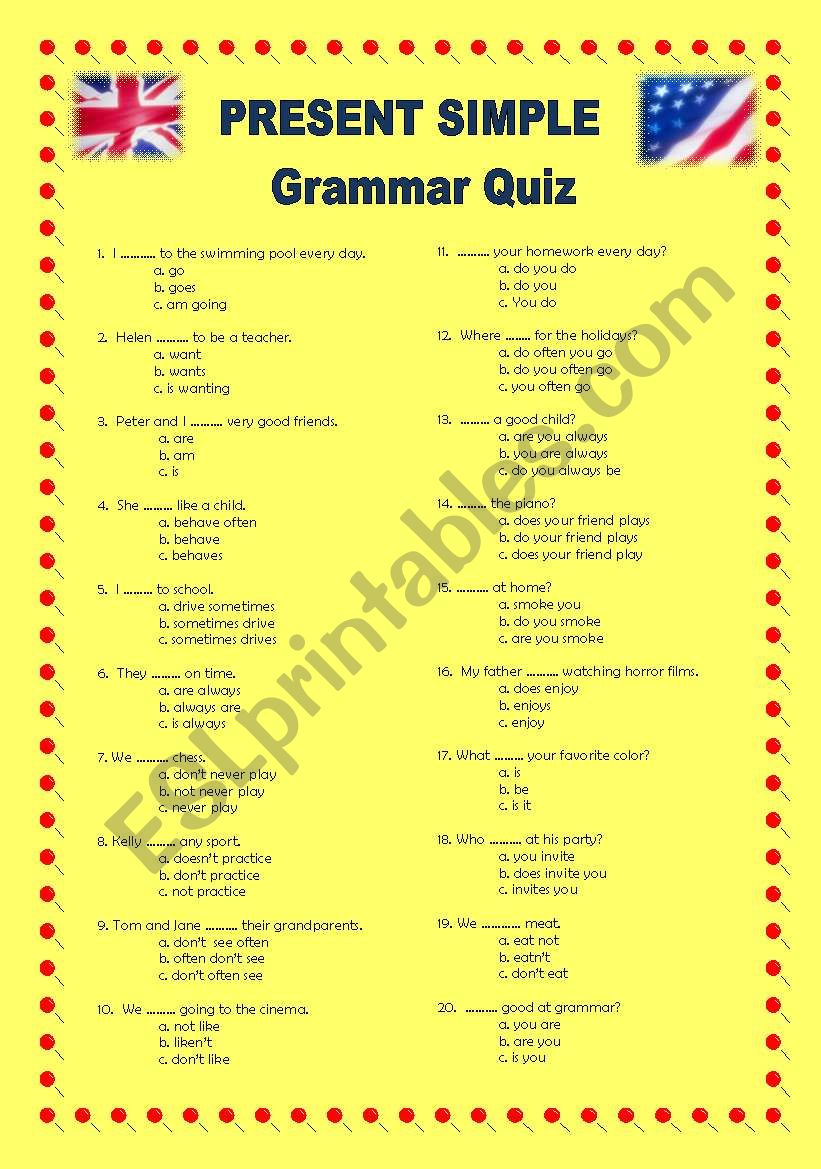 Present Simple Grammar Quiz worksheet