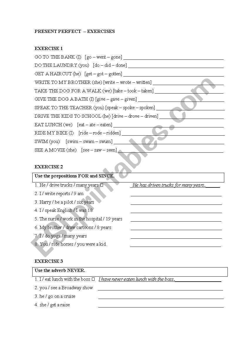 Present Perfect Exercises worksheet