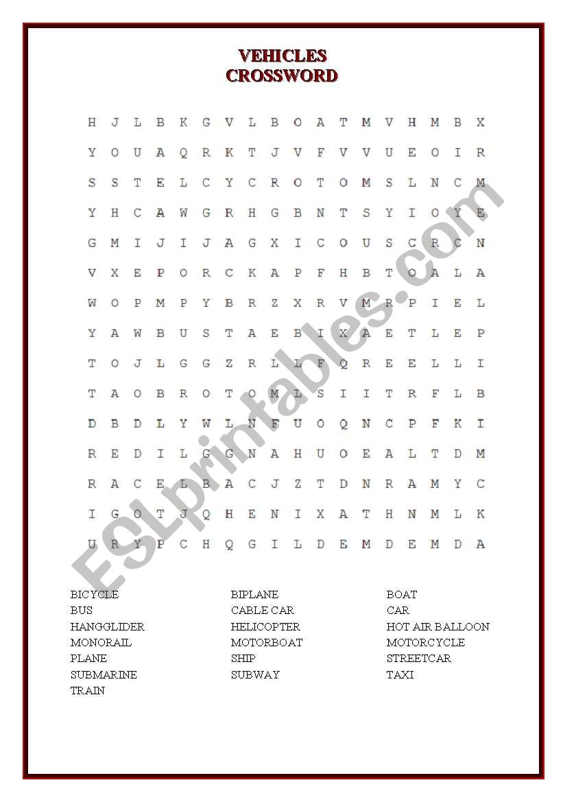 CROSSWORD (VEHICLES) worksheet