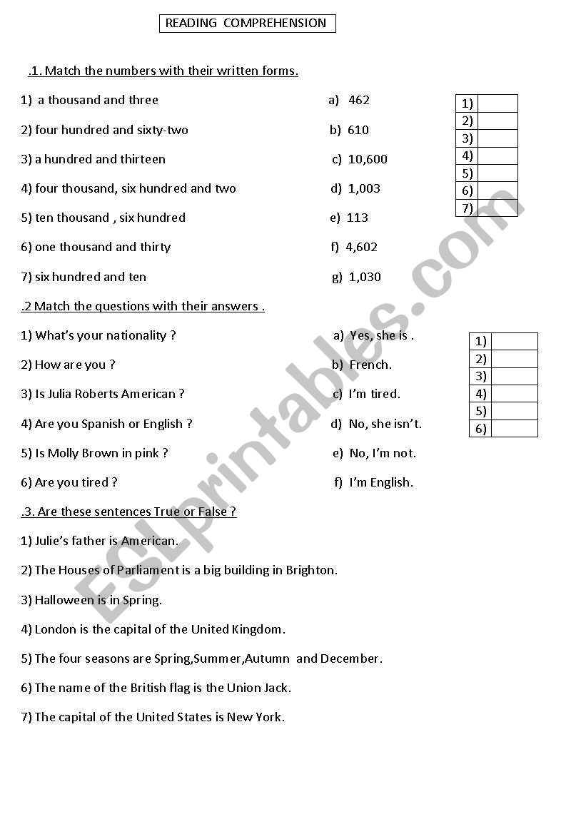 Reading comprehension worksheet