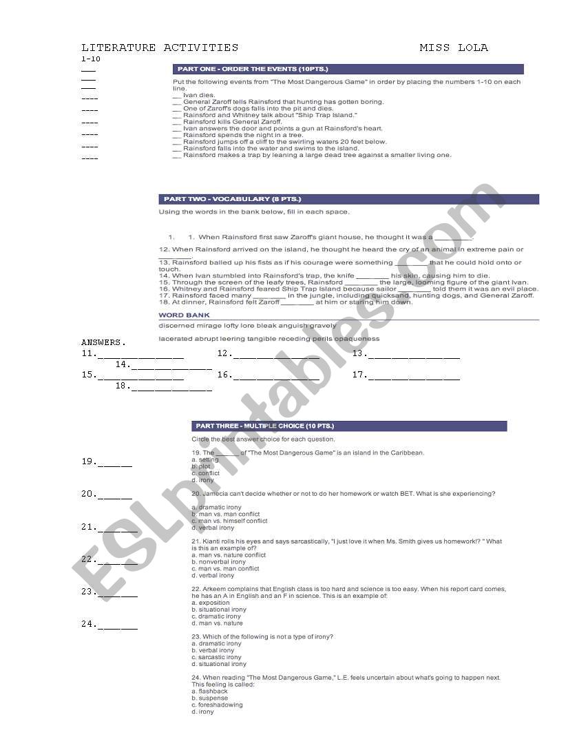 The Necklace worksheet