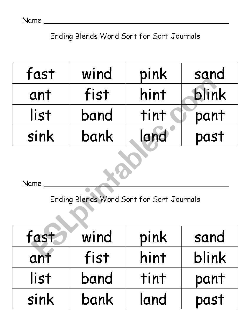 Ending Blends Word Sort worksheet