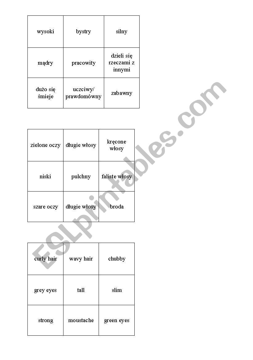 bingo adjecives of personality