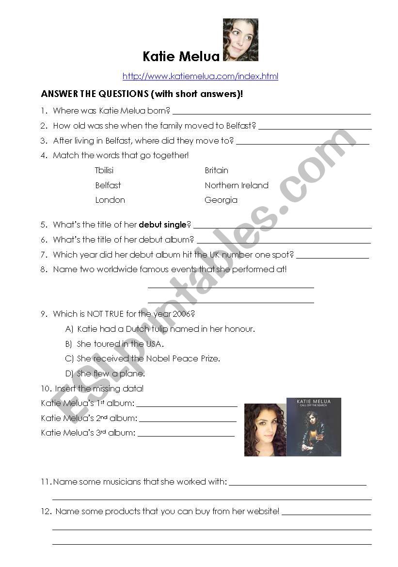 ICT activity: Katie Melua worksheet