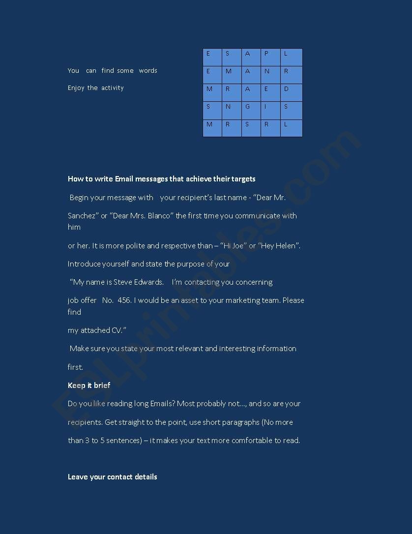 Email worksheet