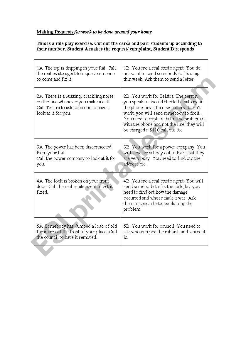 Making requests/complaints worksheet