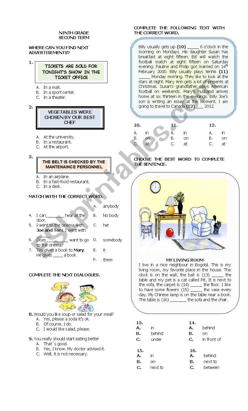 Test Ninth grade worksheet