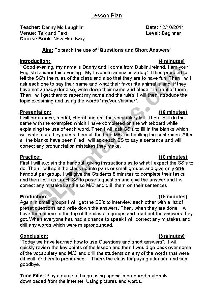 Questions and Short Answers worksheet