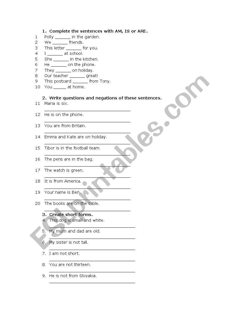 TO BE worksheet