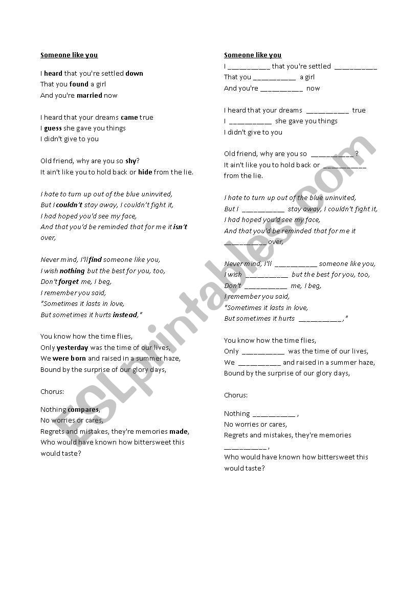 Song - someone like you worksheet