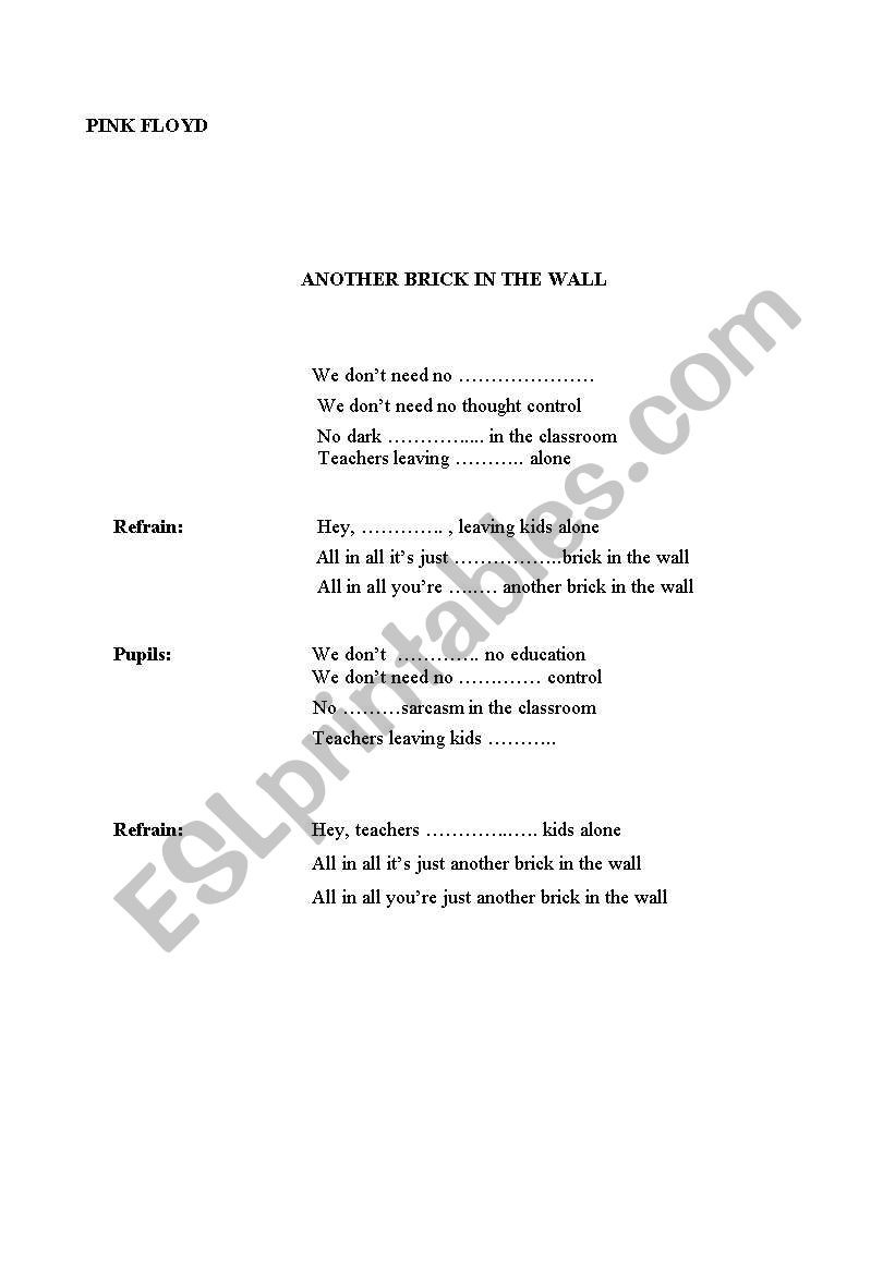 Another brick in the wall worksheet