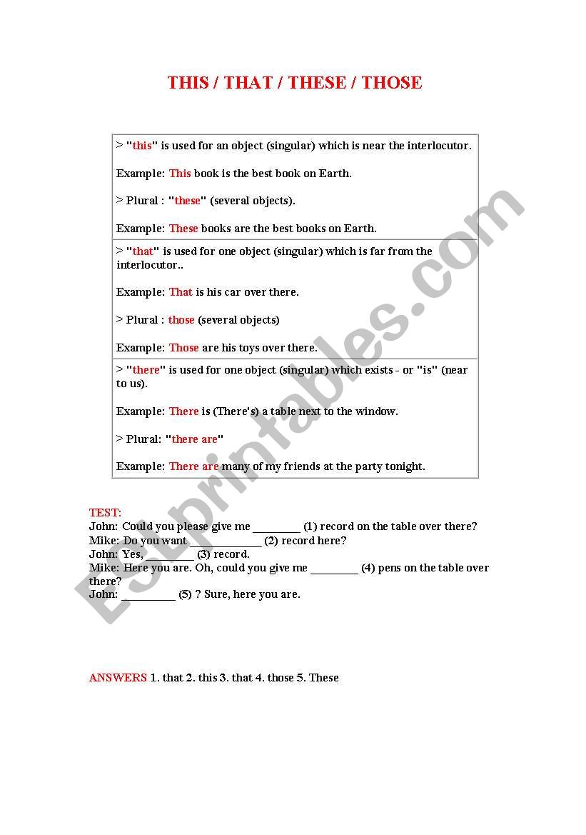 Demonstrative pronounces worksheet
