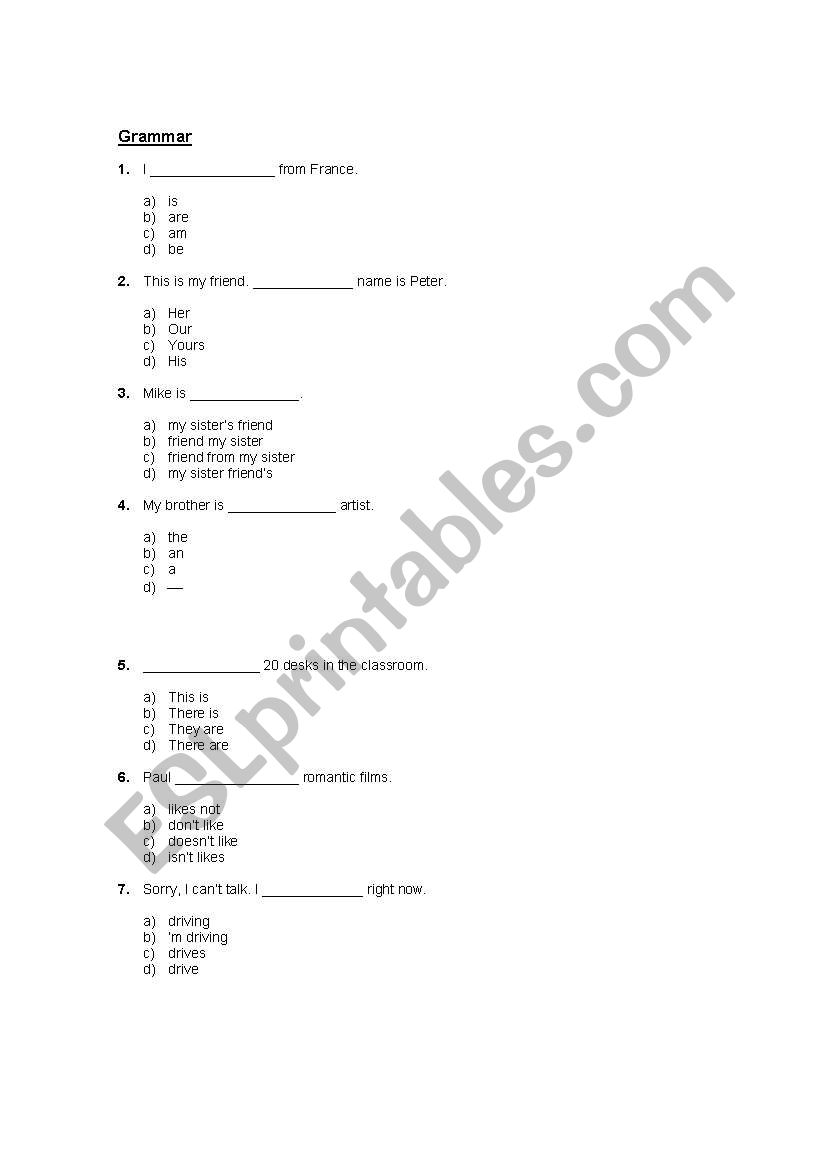 placement test worksheet