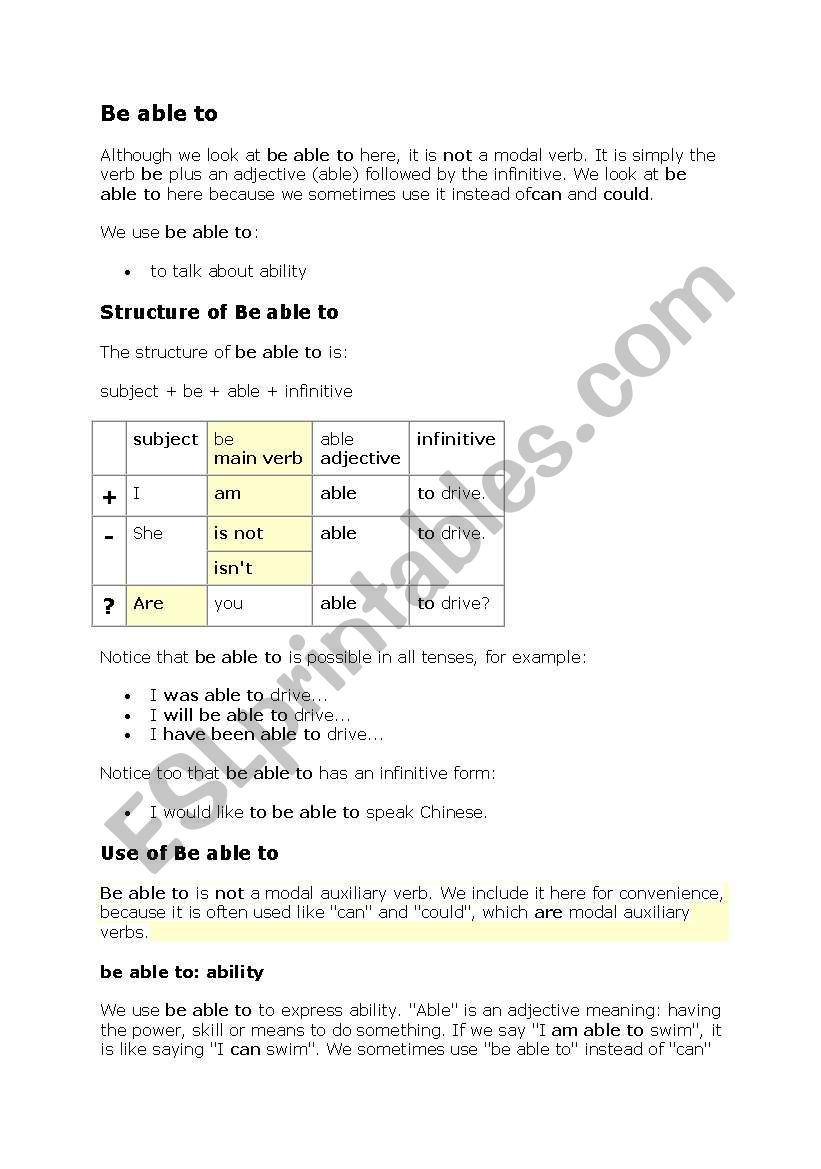 Be Able To worksheet