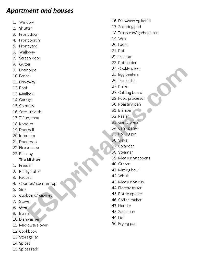 house and furniture  worksheet