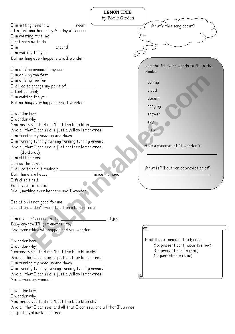 Song worksheet: Lemon Tree by Fools Garden