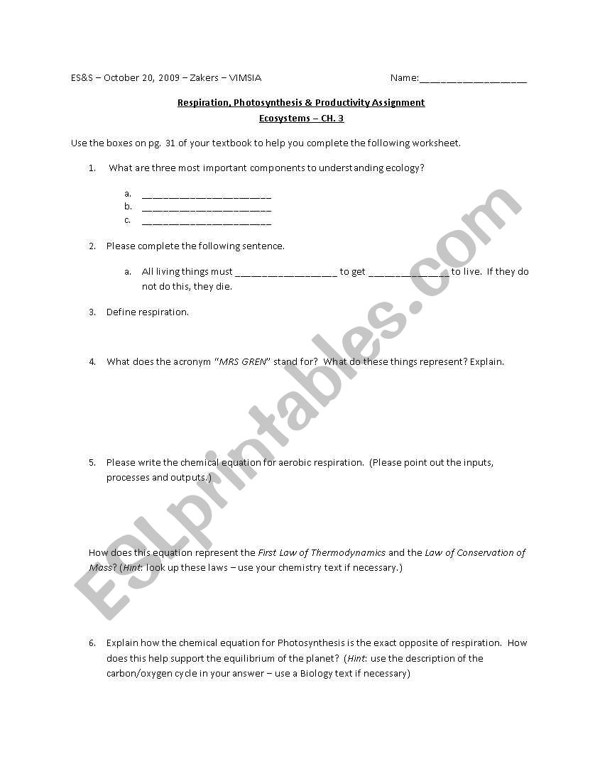 Worksheet on Respiration, Photosynthesis & Production