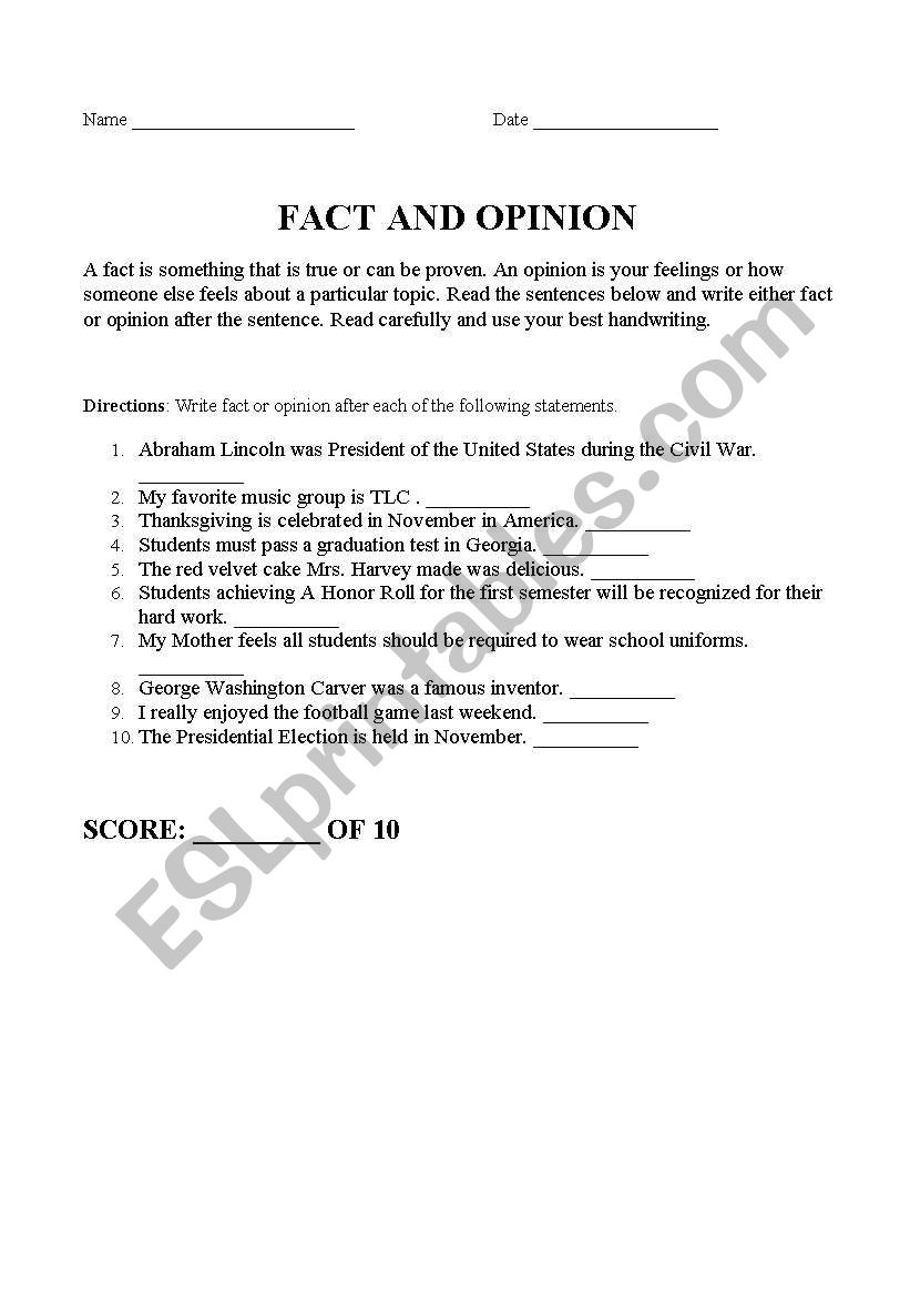 Fact and Opinion worksheet