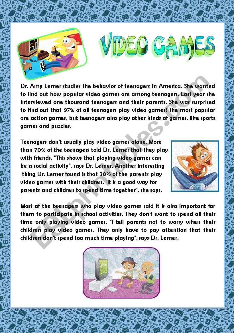 Reading- Video games worksheet