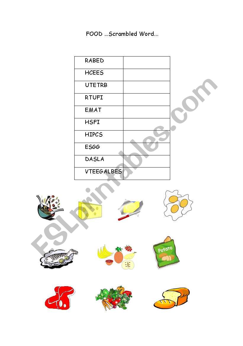 FOOD scrambled words worksheet