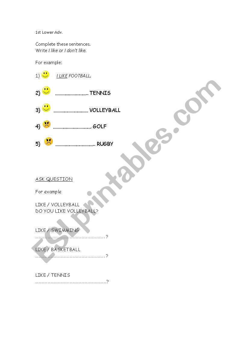like + sports  worksheet