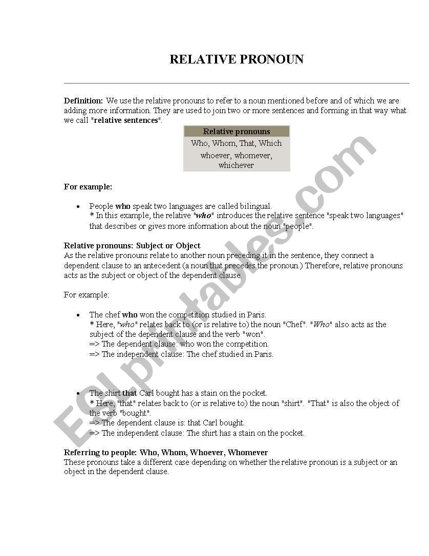 Relative pronoun worksheet