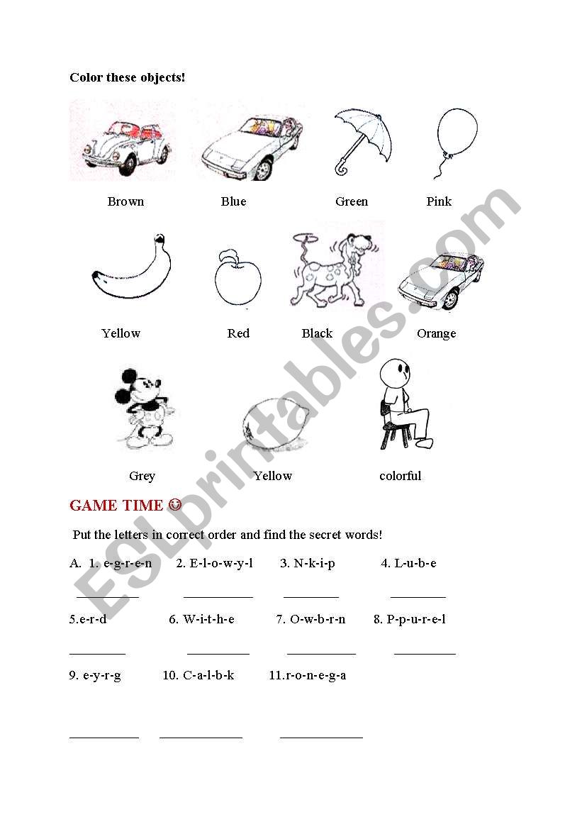 color the objects!!! worksheet