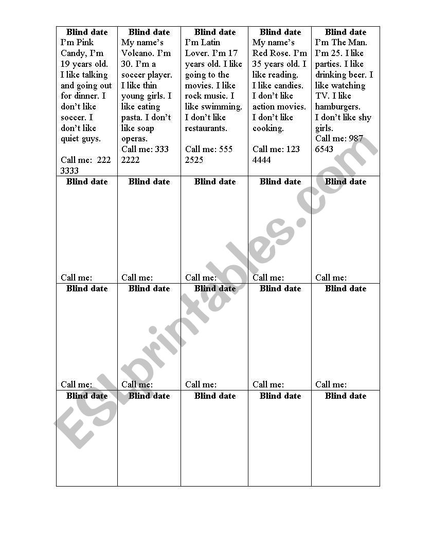 likes dislikes blind date worksheet