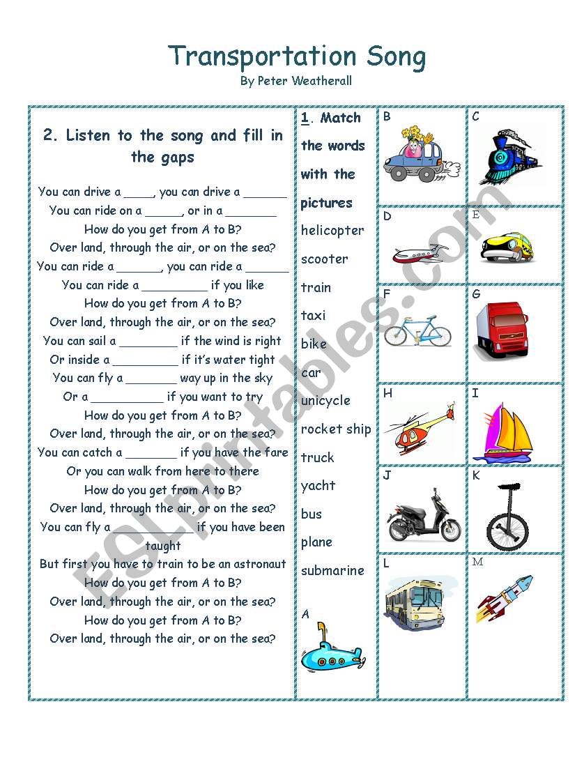 transportation song worksheet