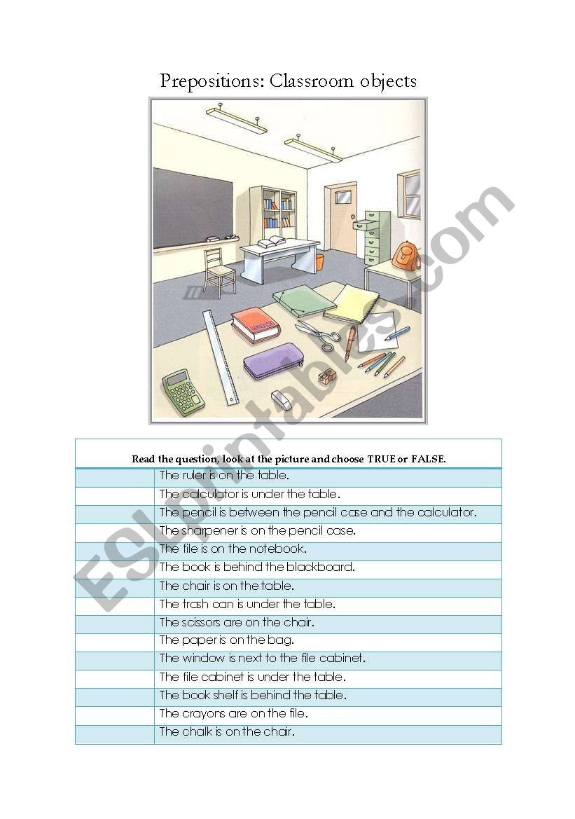 PREPOSITIONS  CLASSROOM OBJECTS SUPPLIES