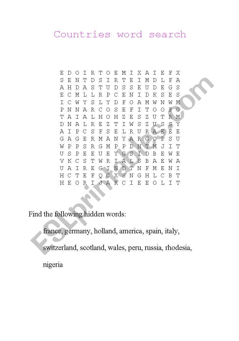 countries word search worksheet