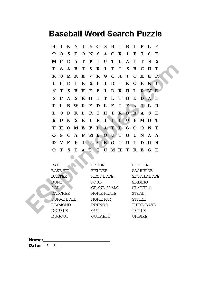 Baseball Word Search Puzzle worksheet