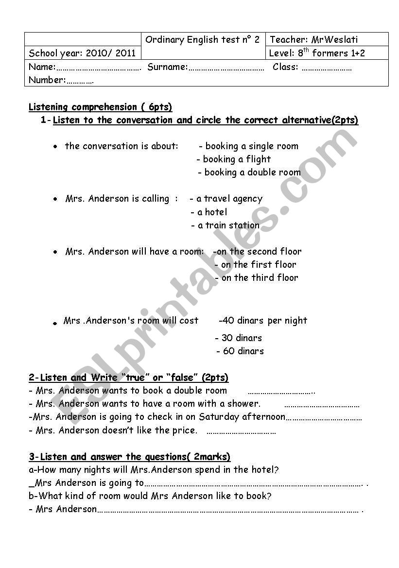 8th form test worksheet