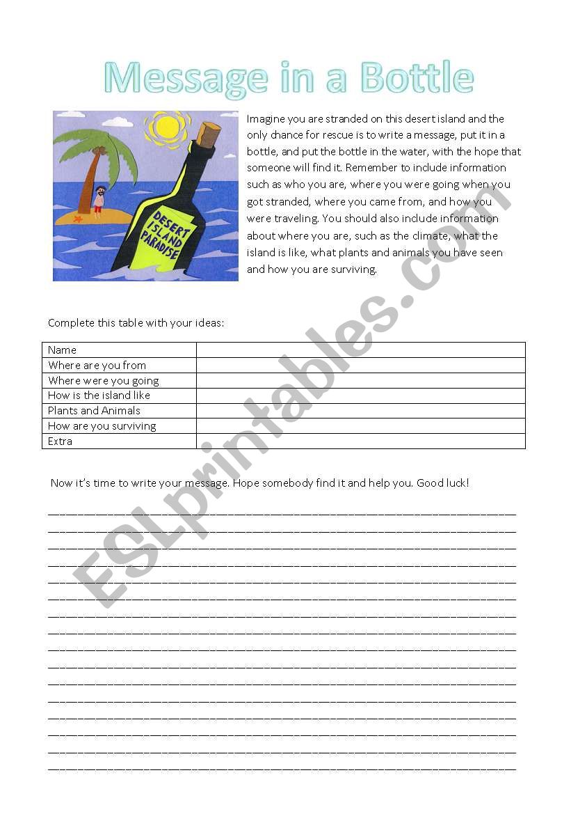 message in a bottle worksheet