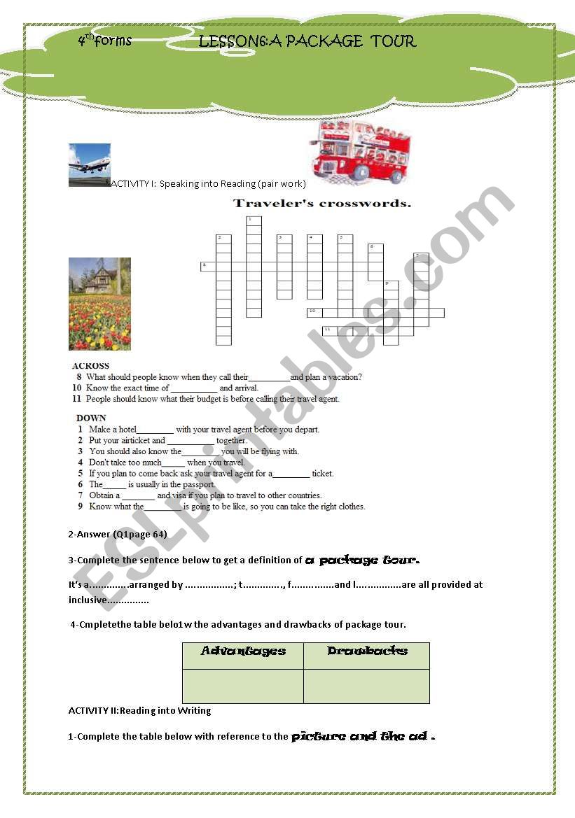 a package tour worksheet