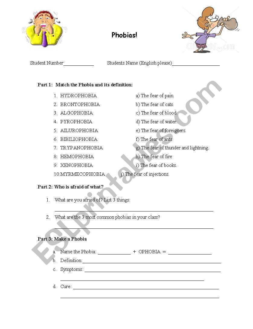 Phobias worksheet