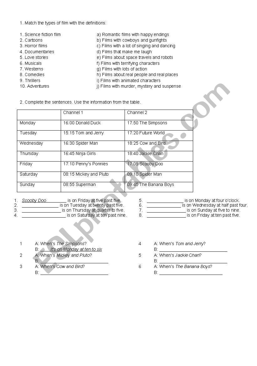 Different kinds of film worksheet