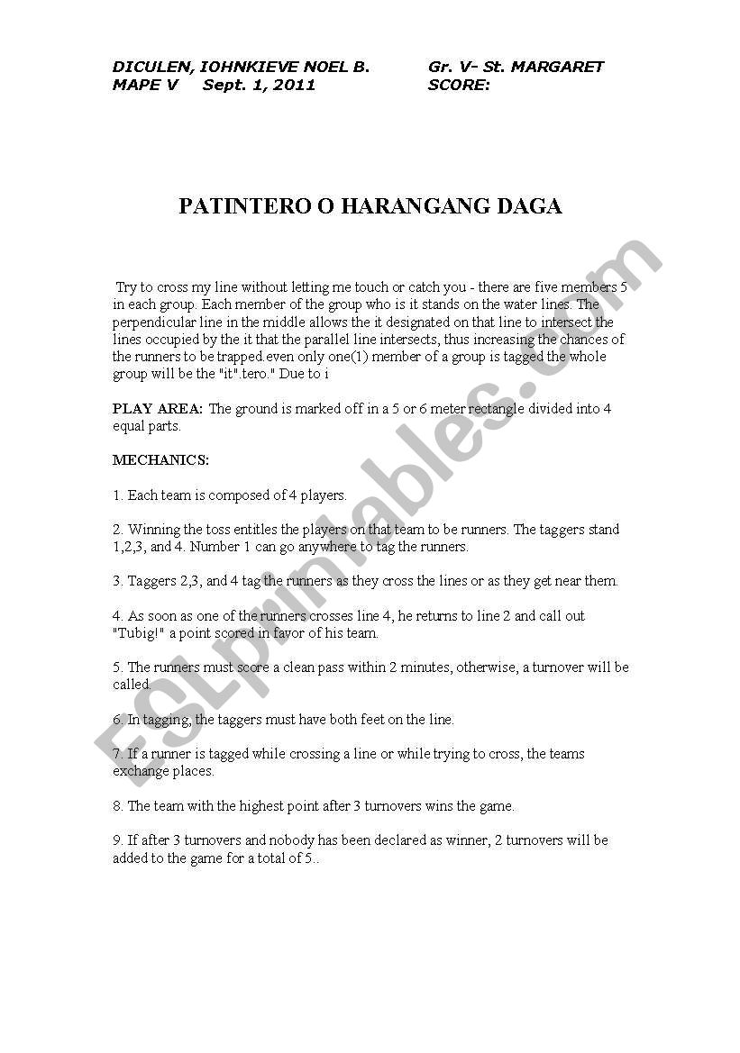 traditional games worksheet