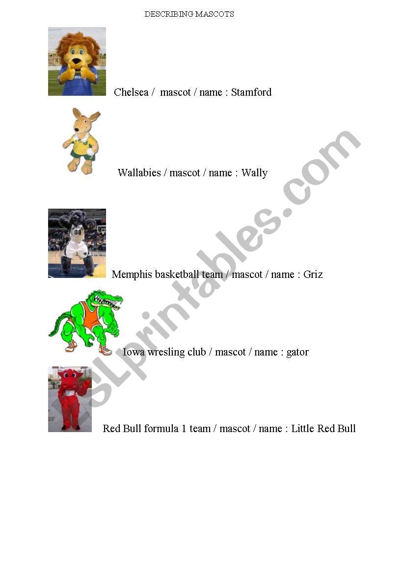 describing mascots worksheet