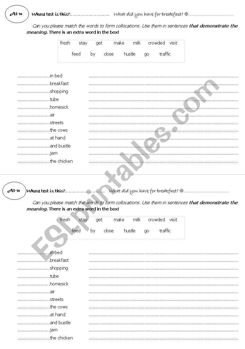 Short Vocabulary (collocations) test for ACCESS 3 Students