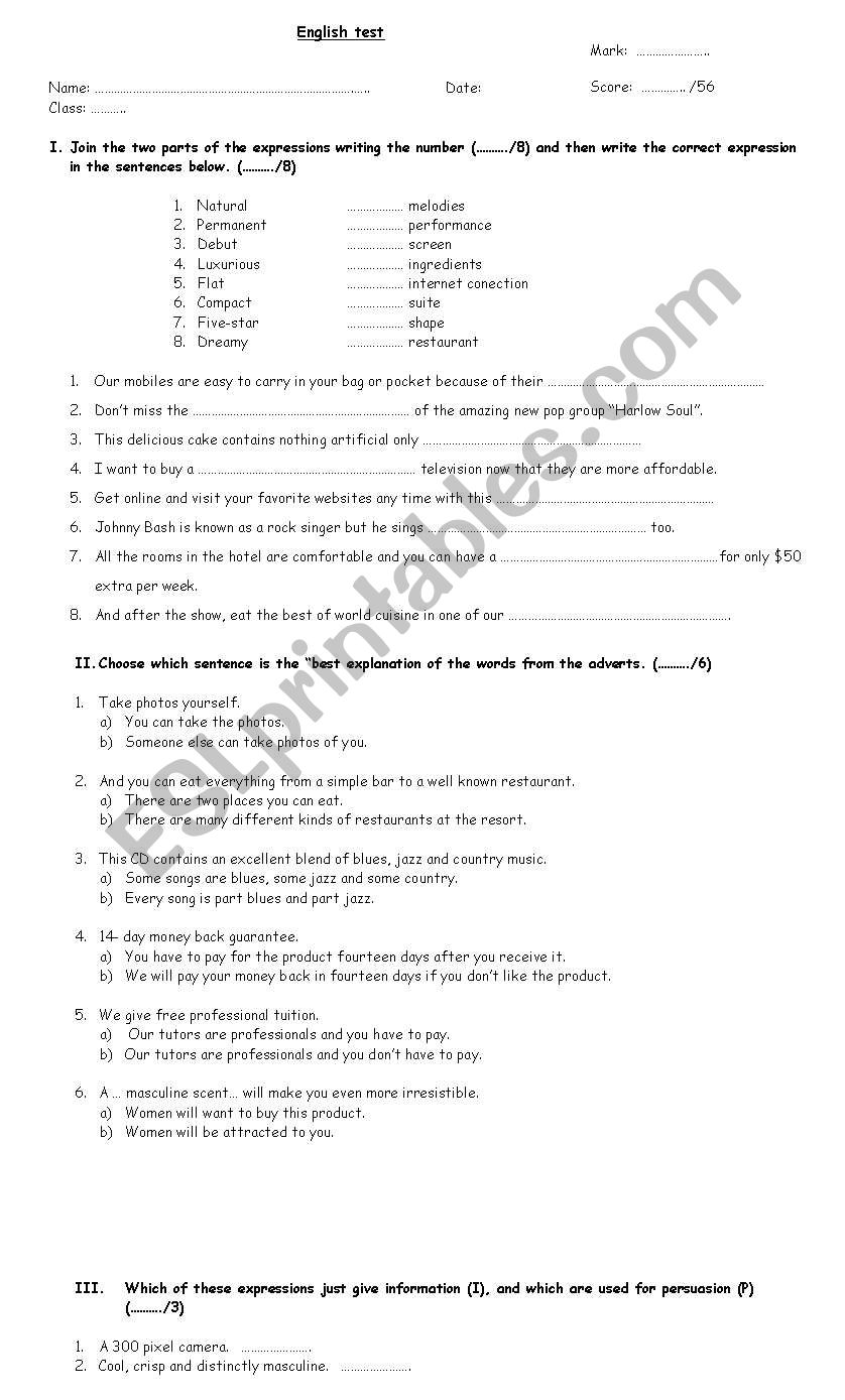 advertising test worksheet