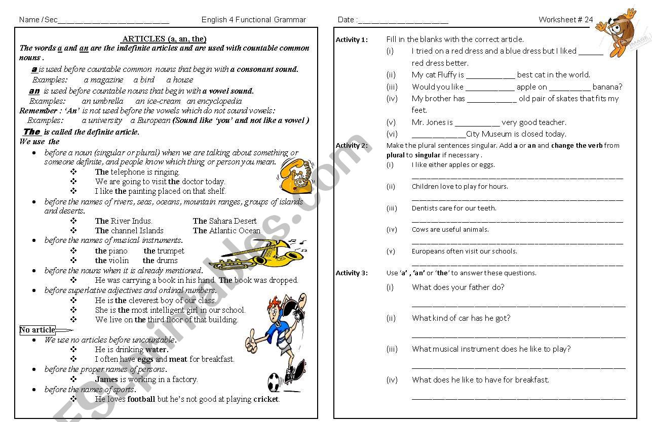 articles worksheet  worksheet