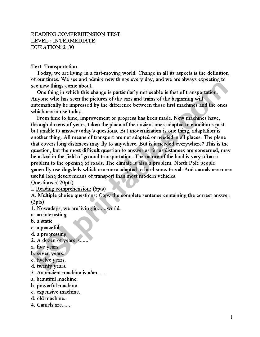 TRANSPORTATION worksheet